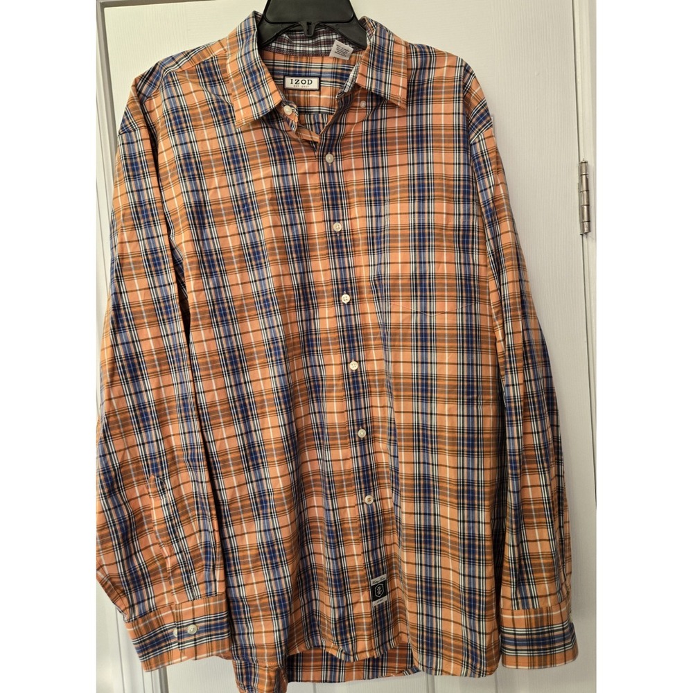 IZOD Mens XL Heritage Tartan Plaid Button Down Shirt Orange Blue Long Sleeve
